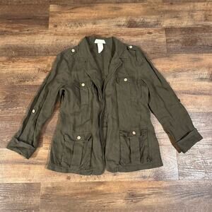 100% Linen Army Olive Green Military Jacket Utility Pockets Roll Tab S READ